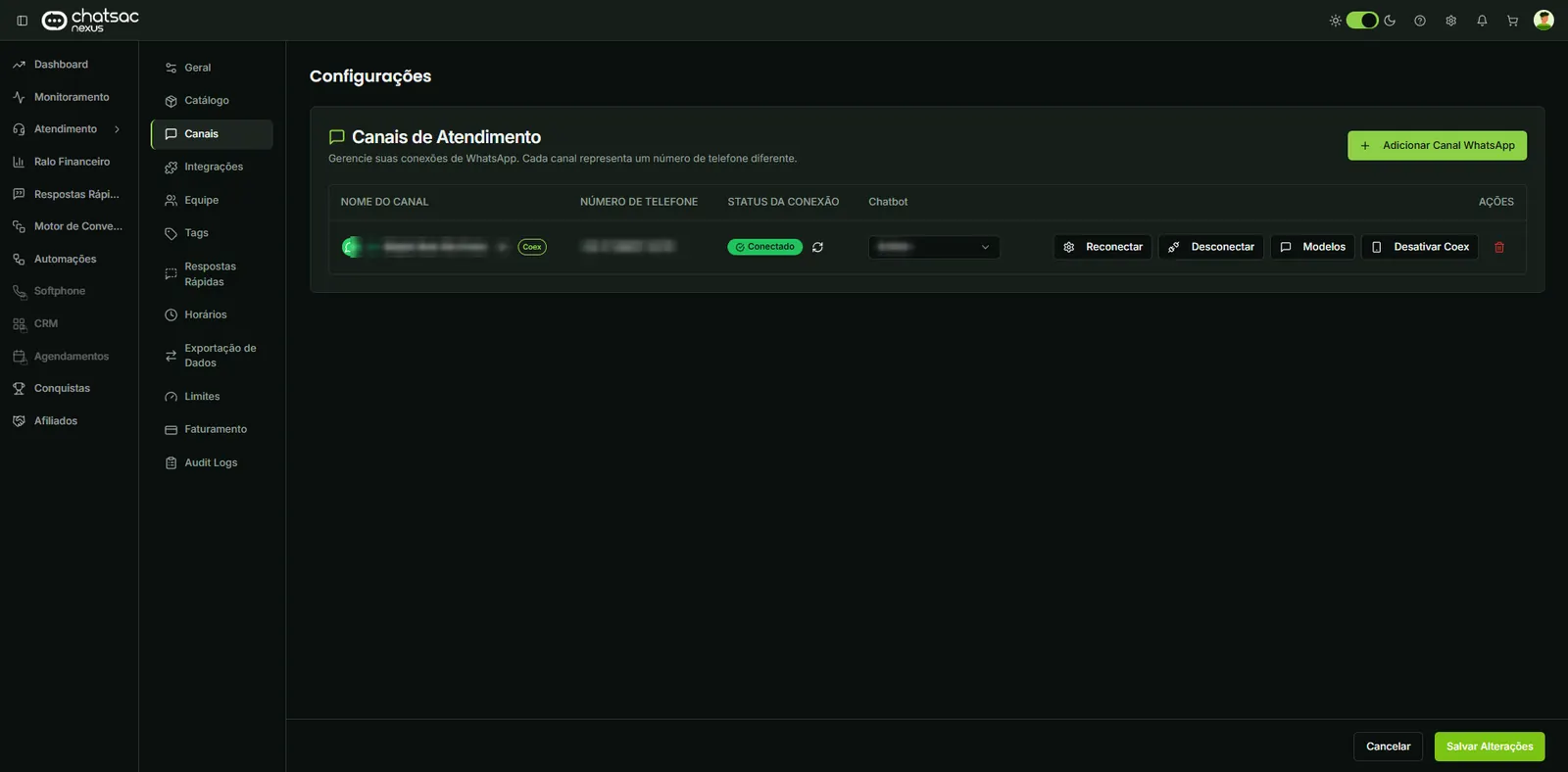 Nexus service channel settings with the WhatsApp channel connected on Coex, dark theme (interface in Portuguese)