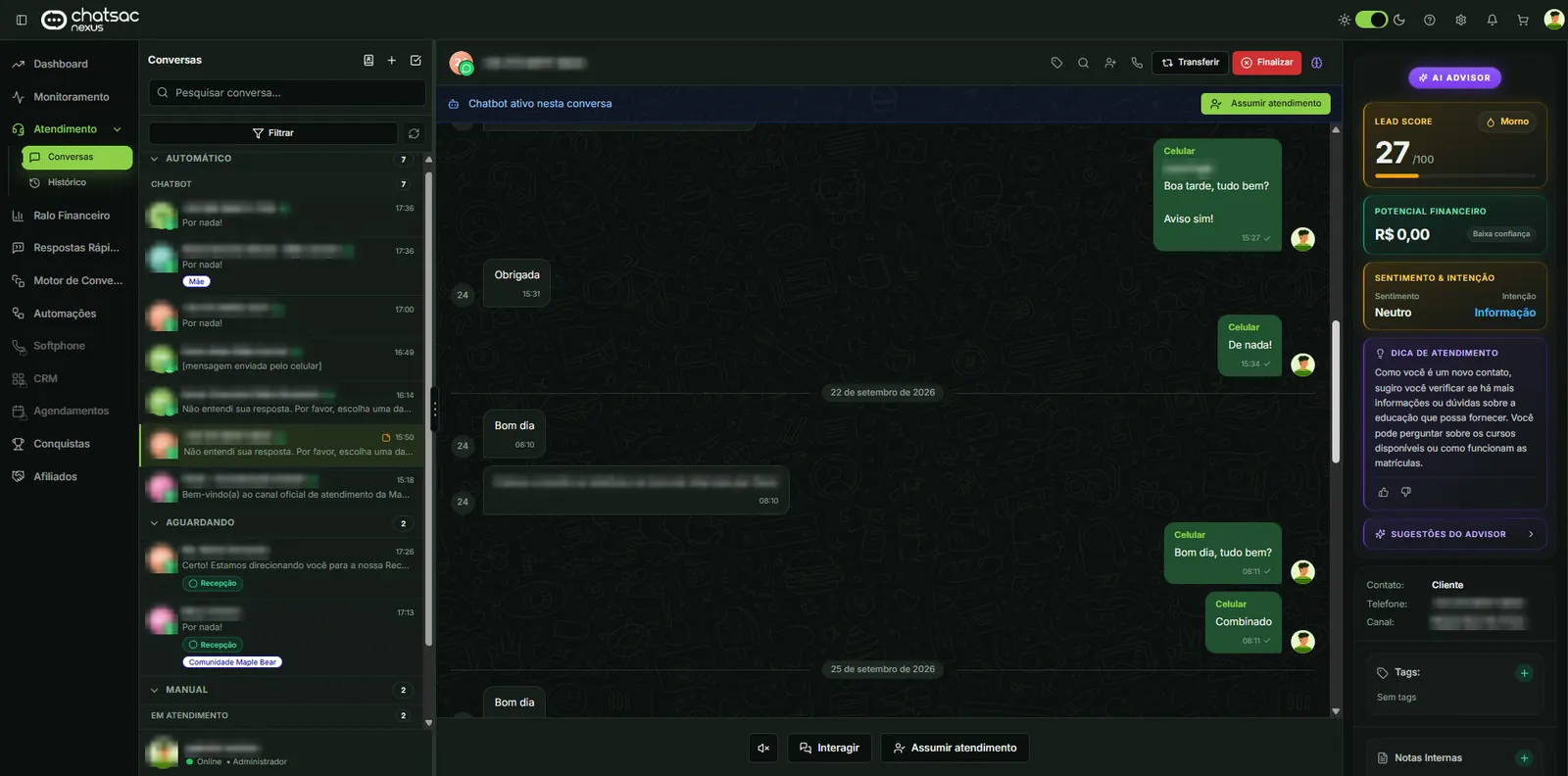 Nexus, tela Conversas em tema escuro: lista de conversas, chat e AI Advisor