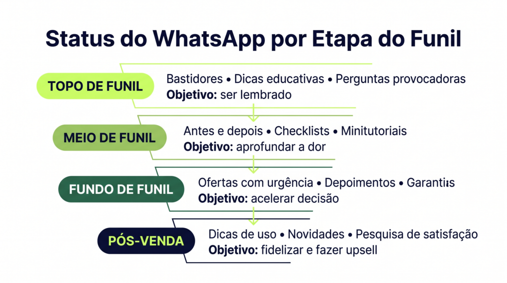 Diagrama vertical mostrando tipos de status do WhatsApp por etapa do funil de vendas: topo, meio, fundo e pós-venda com exemplos.