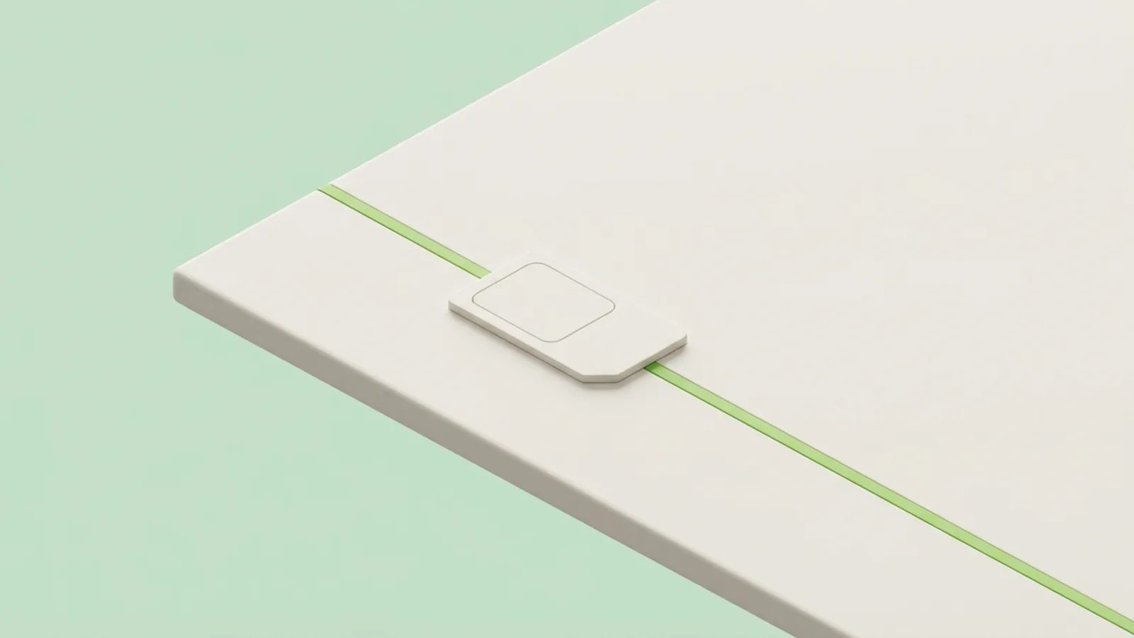 Ilustração 3D minimalista: um chip de celular comum e frio sobre uma superfície clara, ao lado de uma linha verde que segue reta e sem interrupção, representando que nenhuma rotina de aquecimento altera o funcionamento do número.