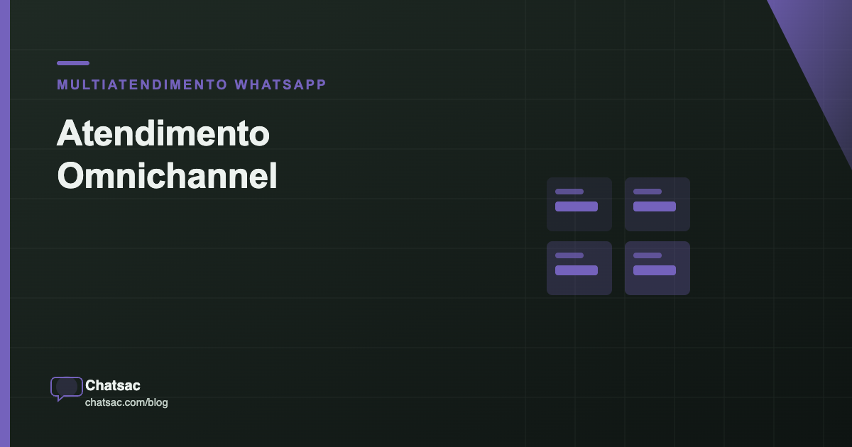 Capa editorial escura do artigo Atendimento Omnichannel, com a etiqueta do cluster Multiatendimento WhatsApp e quatro cartões de painel representando canais consolidados em uma única tela.