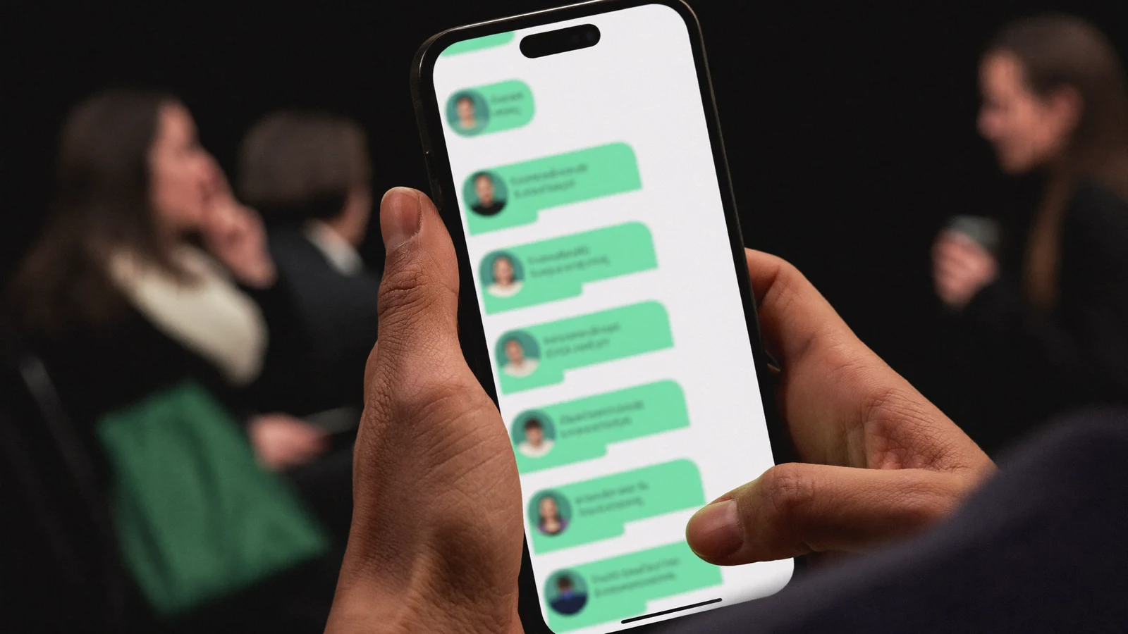 Celular na mão exibindo uma conversa em grupo com vários participantes durante um encontro