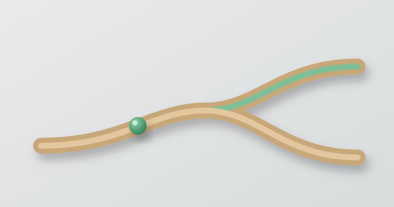 Trilho de madeira com uma bolinha verde que se divide em dois caminhos, representando as decisões de um fluxo de atendimento