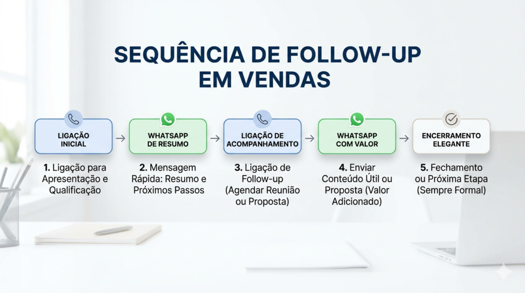 Infográfico com a melhor sequência de follow up em vendas ligação e WhatsApp em cinco etapas.
