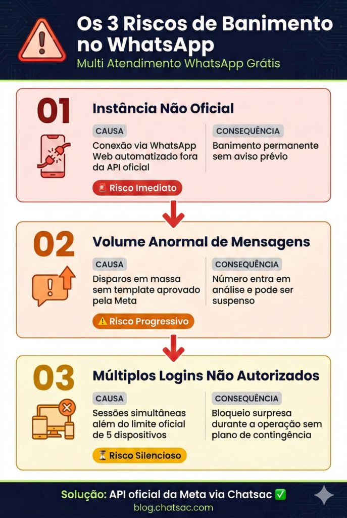 Multi Atendimento WhatsApp Grátis 3 Riscos de Banimento - Infográfico