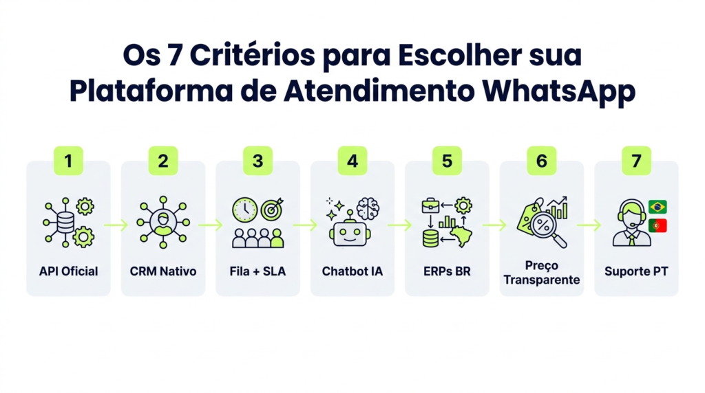 Diagrama com 7 critérios objetivos para avaliar plataformas de multiatendimento WhatsApp: API Oficial, CRM nativo, fila inteligente, chatbot com IA, ERPs brasileiros, preço transparente e suporte em português.