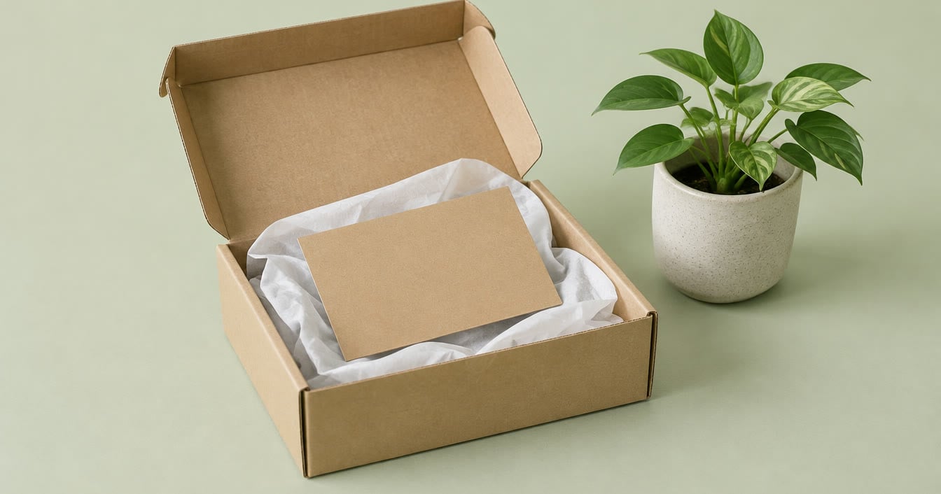 Caixa de papelão aberta com cartão em branco e uma planta, representando o cuidado do pós-venda depois da compra