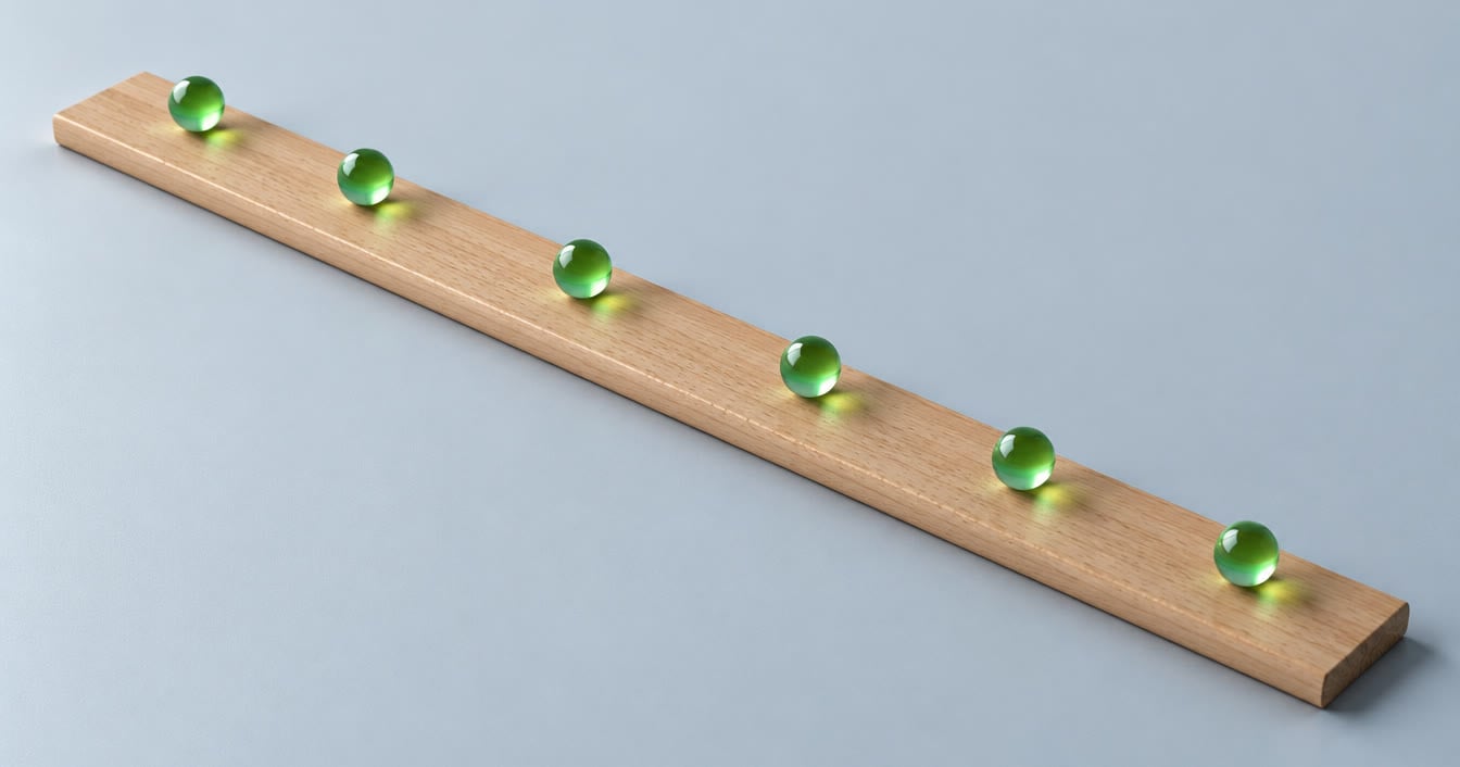 Régua de madeira sem marcações com seis esferas de vidro verdes, representando as etapas de uma régua de relacionamento