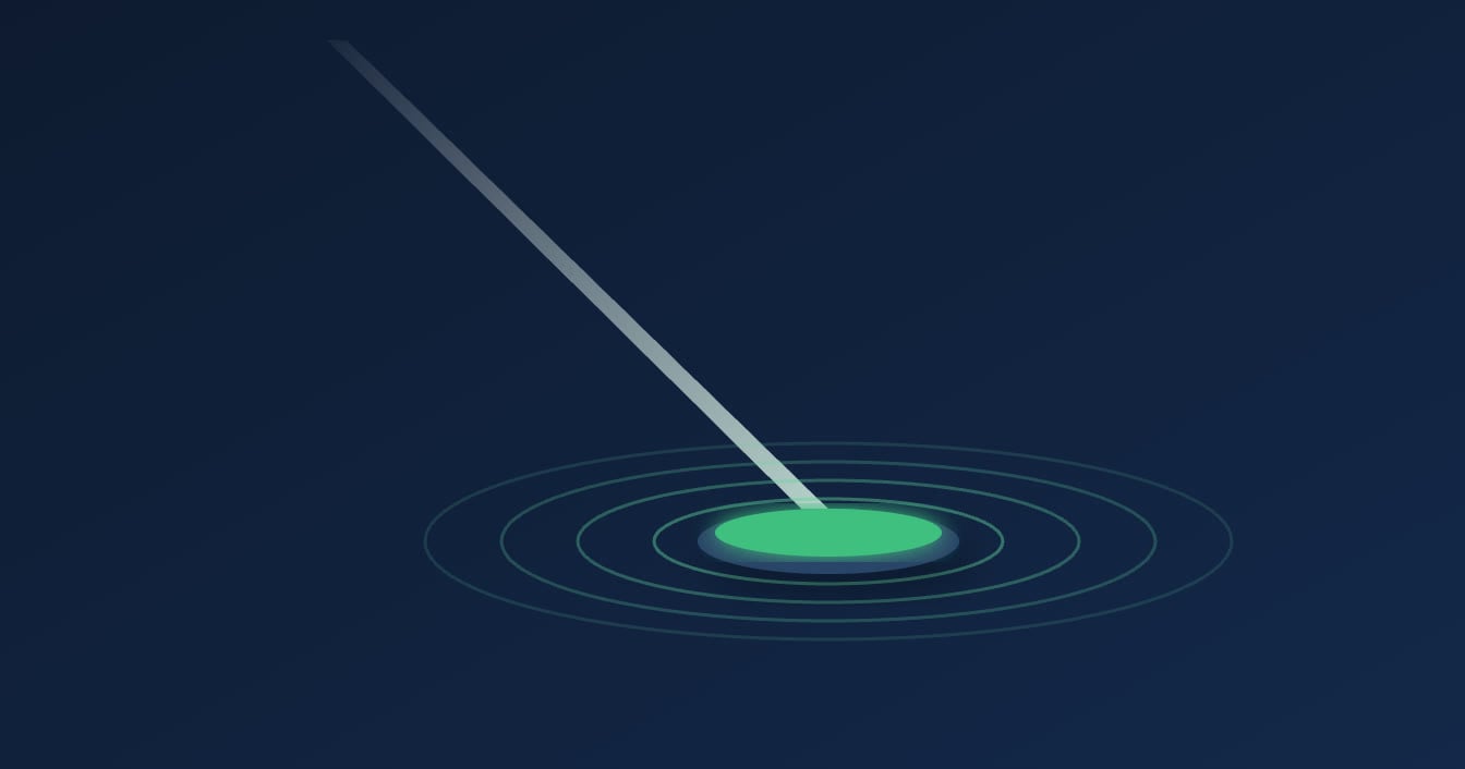 Feixe de luz atingindo um receptor verde que irradia ondas em fundo azul escuro, representando um evento entregue pelo webhook do WhatsApp