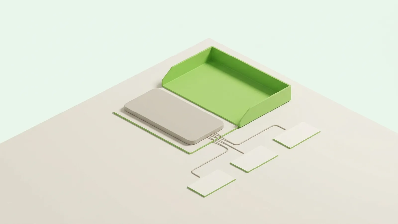 Ilustração 3D minimalista: um celular cinza sobre uma mesa clara, ligado por linhas finas a três cartões de mesa idênticos e recolhido em uma bandeja corporativa verde, representando o número de WhatsApp como ativo da empresa, não do funcionário.