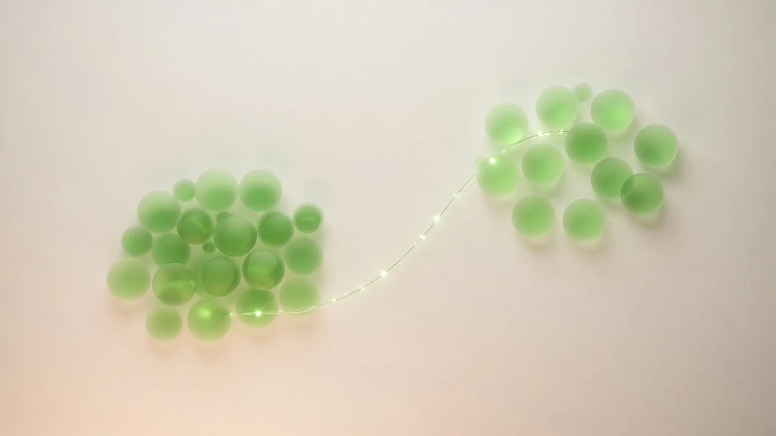 Dois agrupamentos de orbes verdes ligados por um fio de luz, conceito de helpdesk versus inbox nativa de WhatsApp